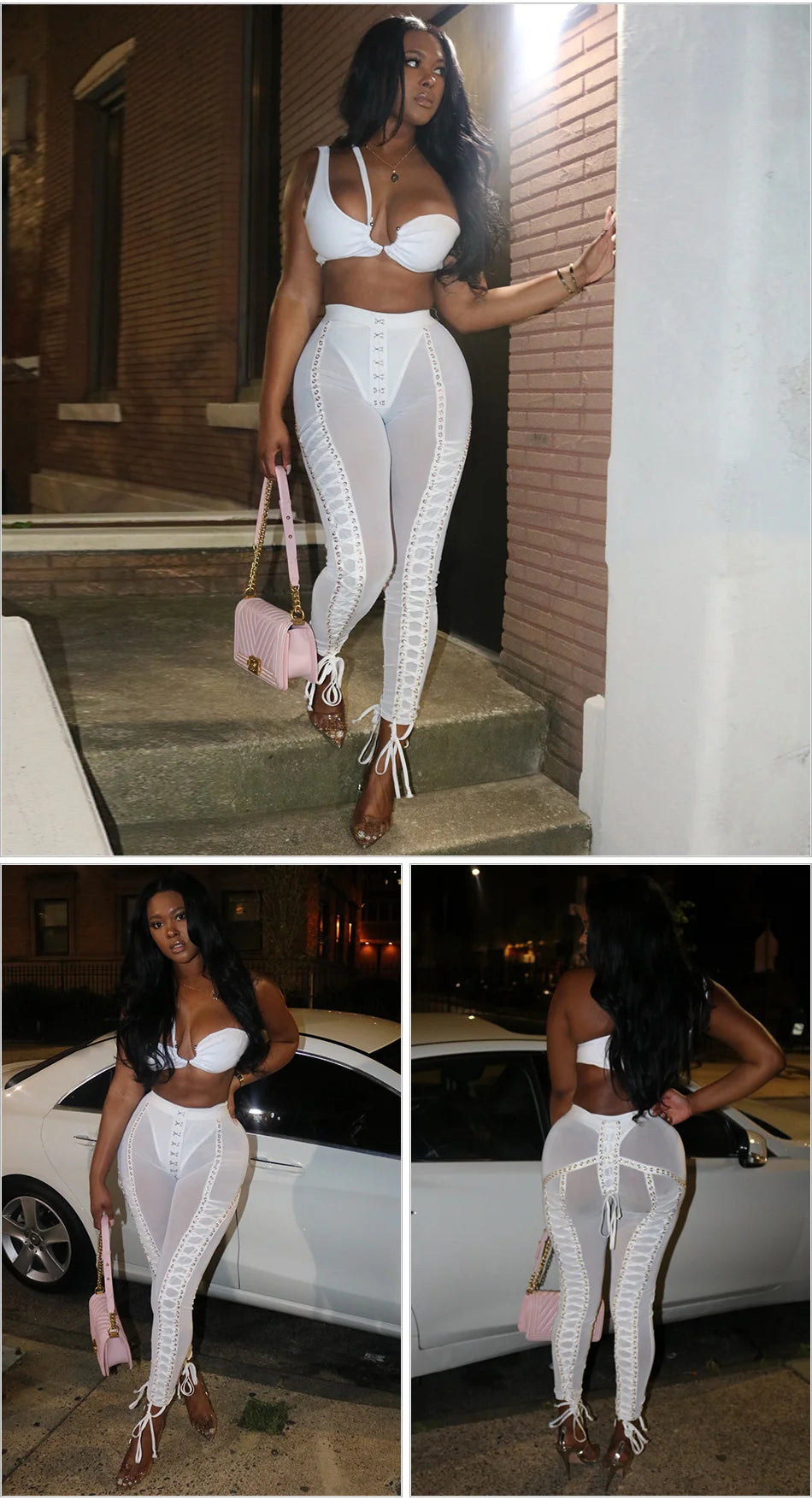 Crystal lace up long Mesh Pants