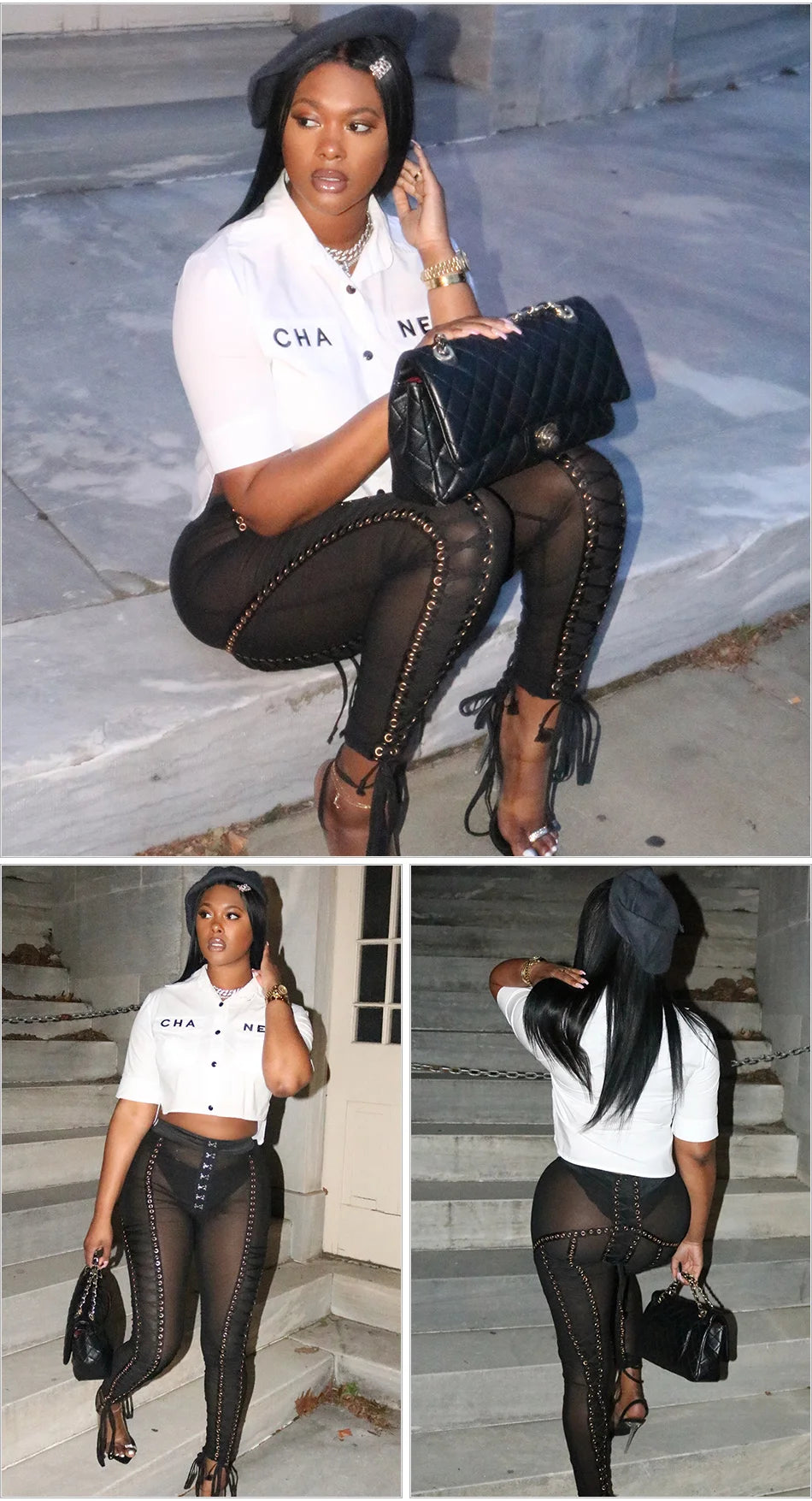 Crystal lace up long Mesh Pants
